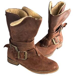 MTNG Boots Womens US 6.5 Brown Suede Leather Buckles Shearling Western Moto
